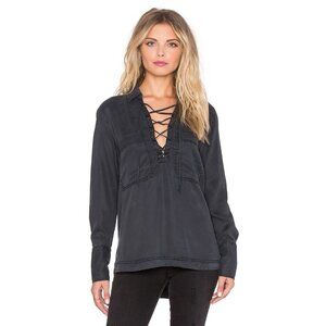 Free People Women's Blouse Black Under Your Spell V Neck Lace Up Size Large/G